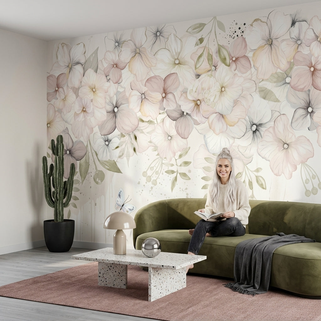 Watercolor Floral Wallpaper Pastel Blossoms Cream Background Wall Mural