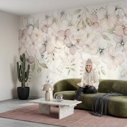 Watercolor Floral Wallpaper Pastel Blossoms Cream Background Wall Mural
