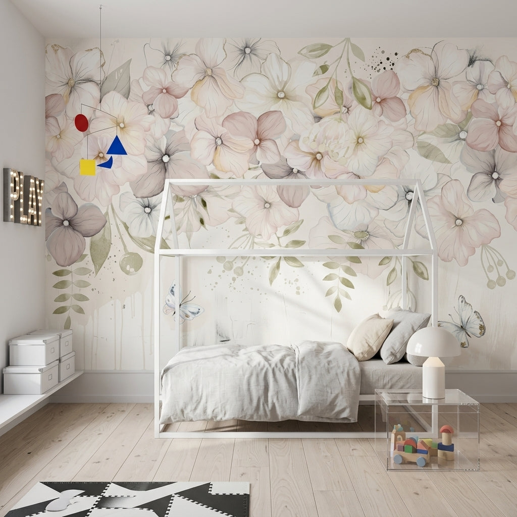 Watercolor Floral Wallpaper Pastel Blossoms Cream Background Wall Mural
