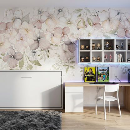 Watercolor Floral Wallpaper Pastel Blossoms Cream Background Wall Mural