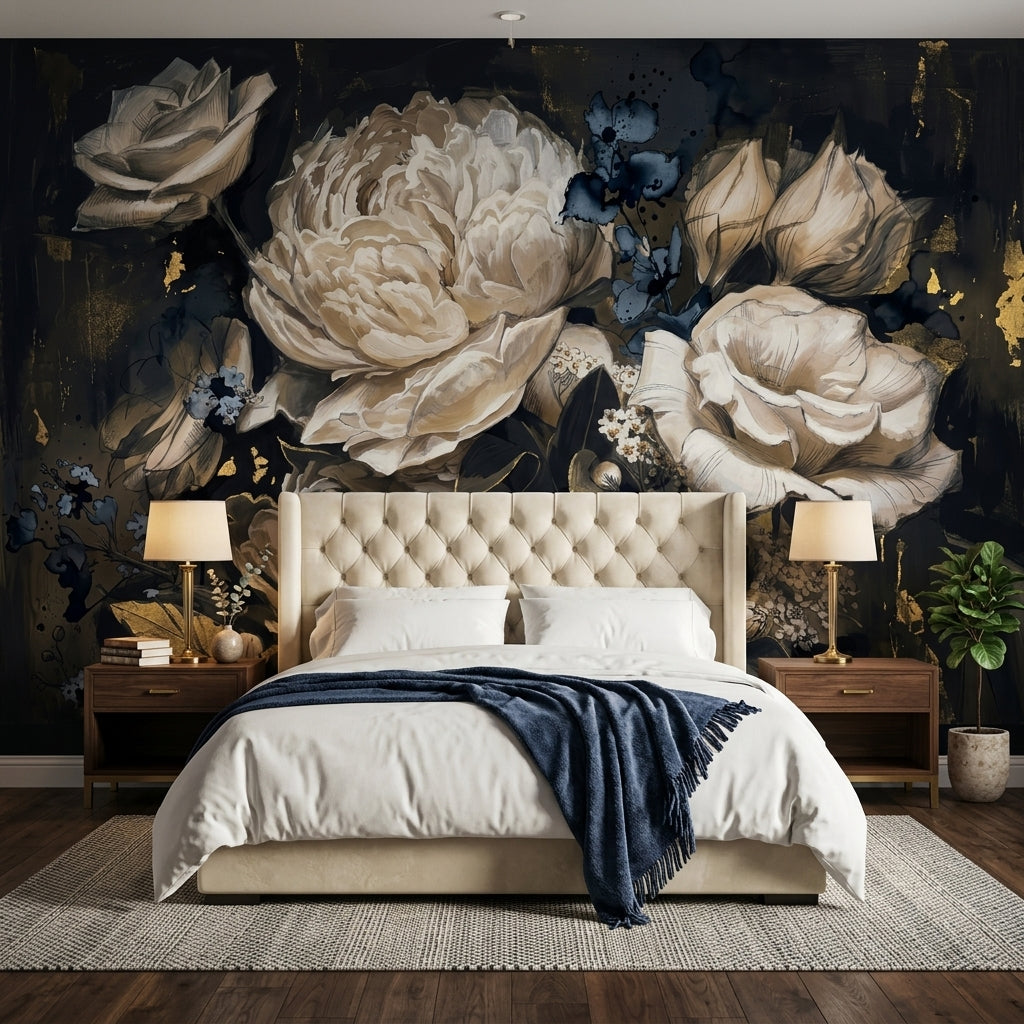 Dark Floral Wallpaper Moody Botanical Painterly Bloom Wall Mural