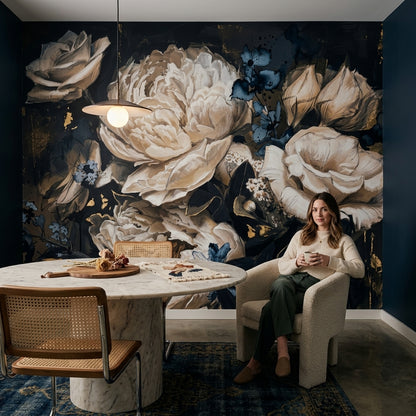 Dark Floral Wallpaper Moody Botanical Painterly Bloom Wall Mural