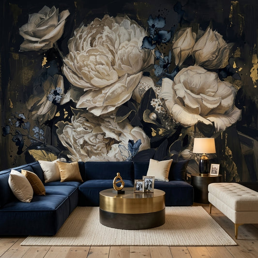 Dark Floral Wallpaper Moody Botanical Painterly Bloom Wall Mural