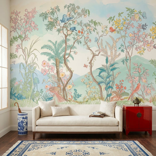 Pastel Landscape Wallpaper Watercolor Garden Removable Floral Branches Wall Decor