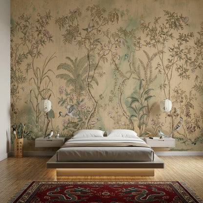Muted Green Wallpaper Botanical Chinoiserie Removable Wall Decor