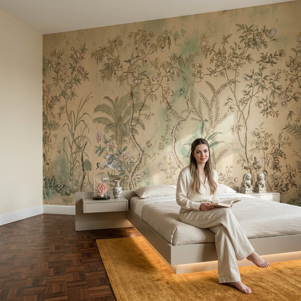Muted Green Wallpaper Botanical Chinoiserie Removable Wall Decor