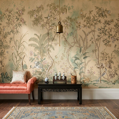 Muted Green Wallpaper Botanical Chinoiserie Removable Wall Decor