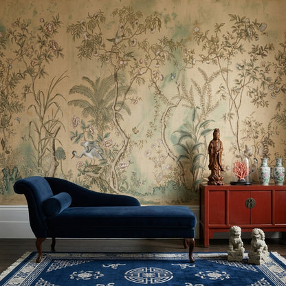 Muted Green Wallpaper Botanical Chinoiserie Removable Wall Decor