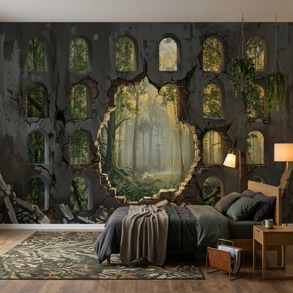 Ruined Wall Wallpaper Arched Windows Forest View Wall Mural