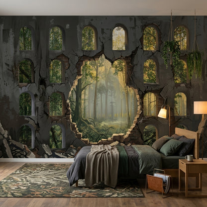 Ruined Wall Wallpaper Arched Windows Forest View Wall Mural