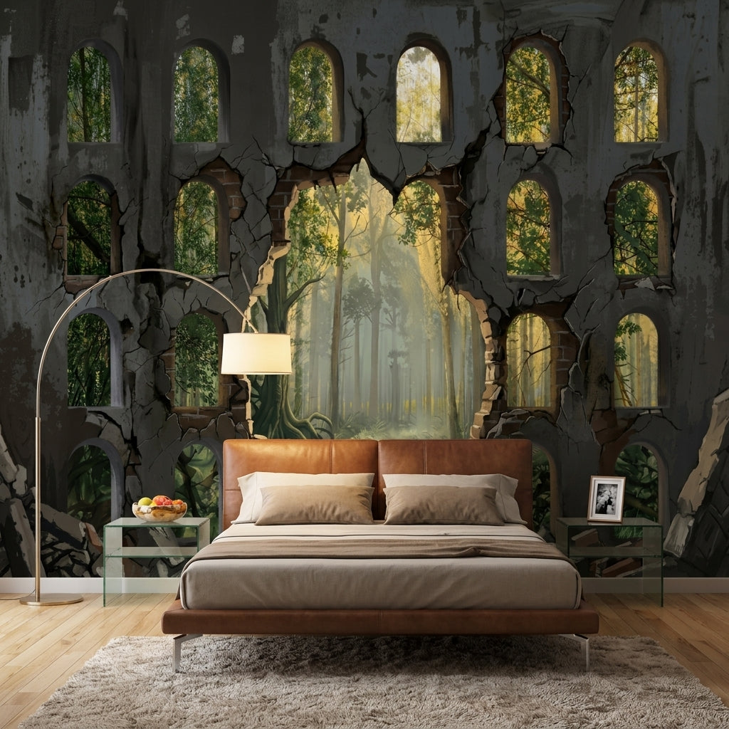 Ruined Wall Wallpaper Arched Windows Forest View Wall Mural
