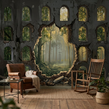 Ruined Wall Wallpaper Arched Windows Forest View Wall Mural