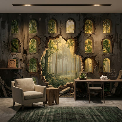 Ruined Wall Wallpaper Arched Windows Forest View Wall Mural