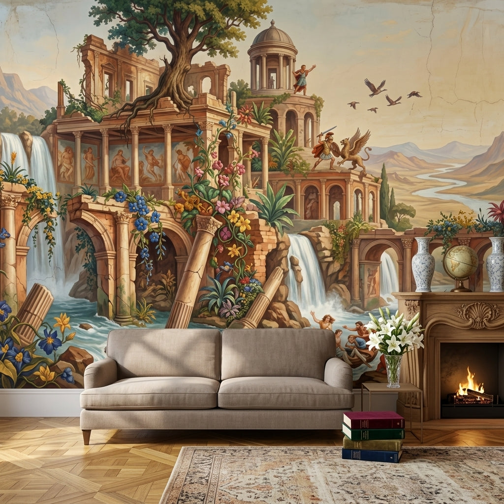 Classical Ruins Wallpaper Waterfalls Removable Mythology Wall Decor