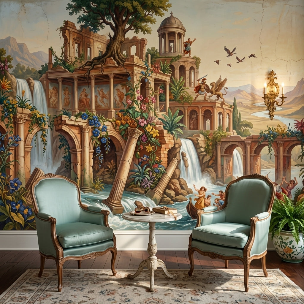 Classical Ruins Wallpaper Waterfalls Removable Mythology Wall Decor