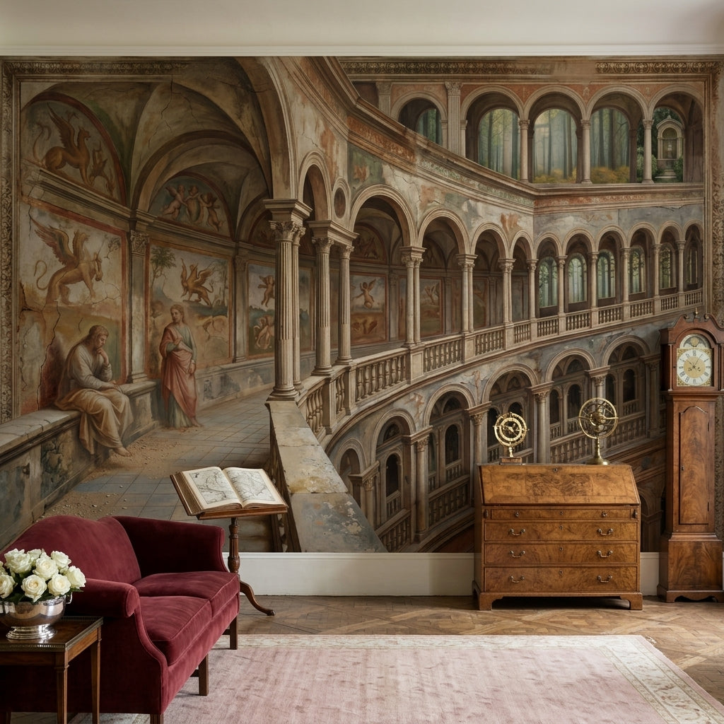 Renaissance Fresco Wallpaper Classical Arches Palace Interior Removable Wall Decor
