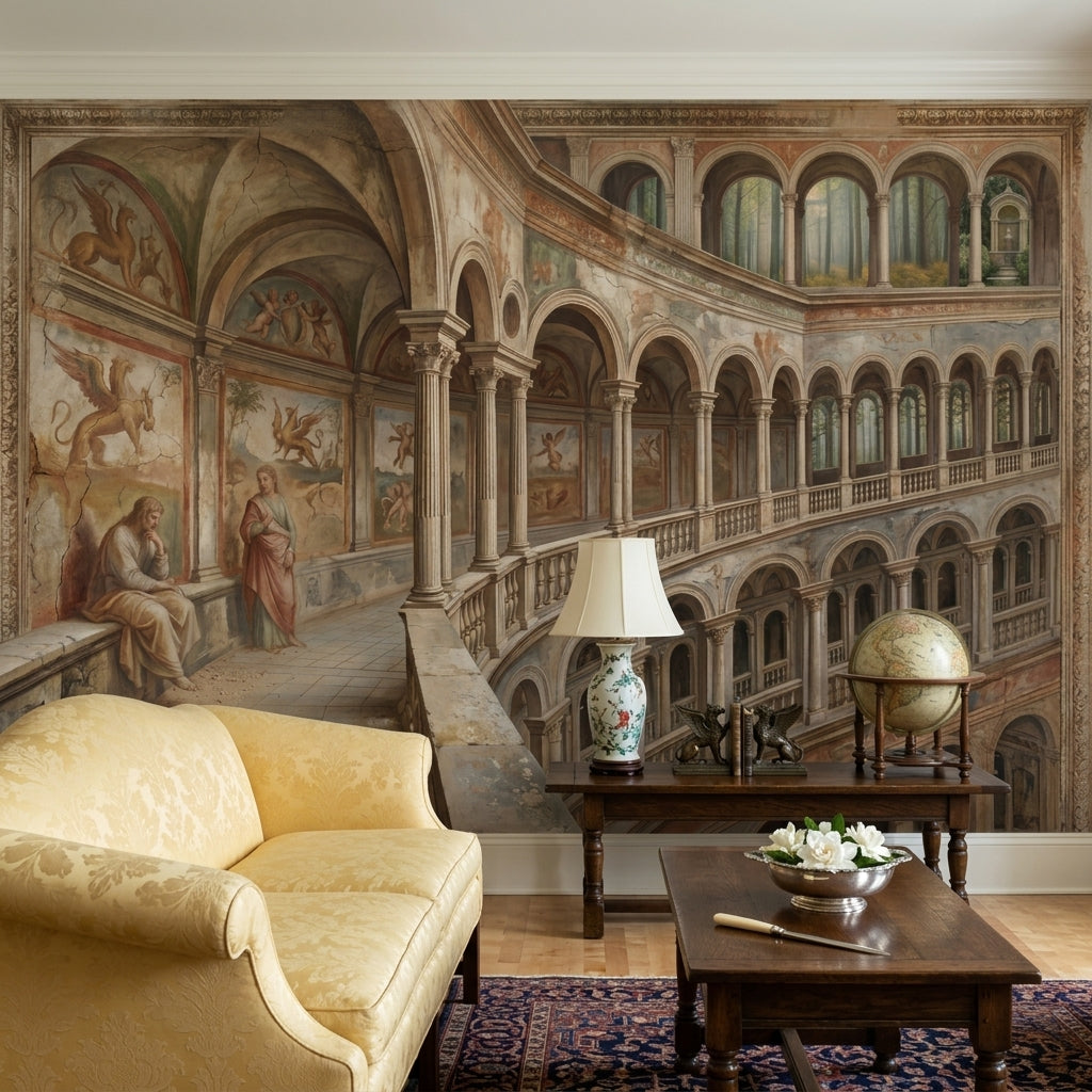 Renaissance Fresco Wallpaper Classical Arches Palace Interior Removable Wall Decor