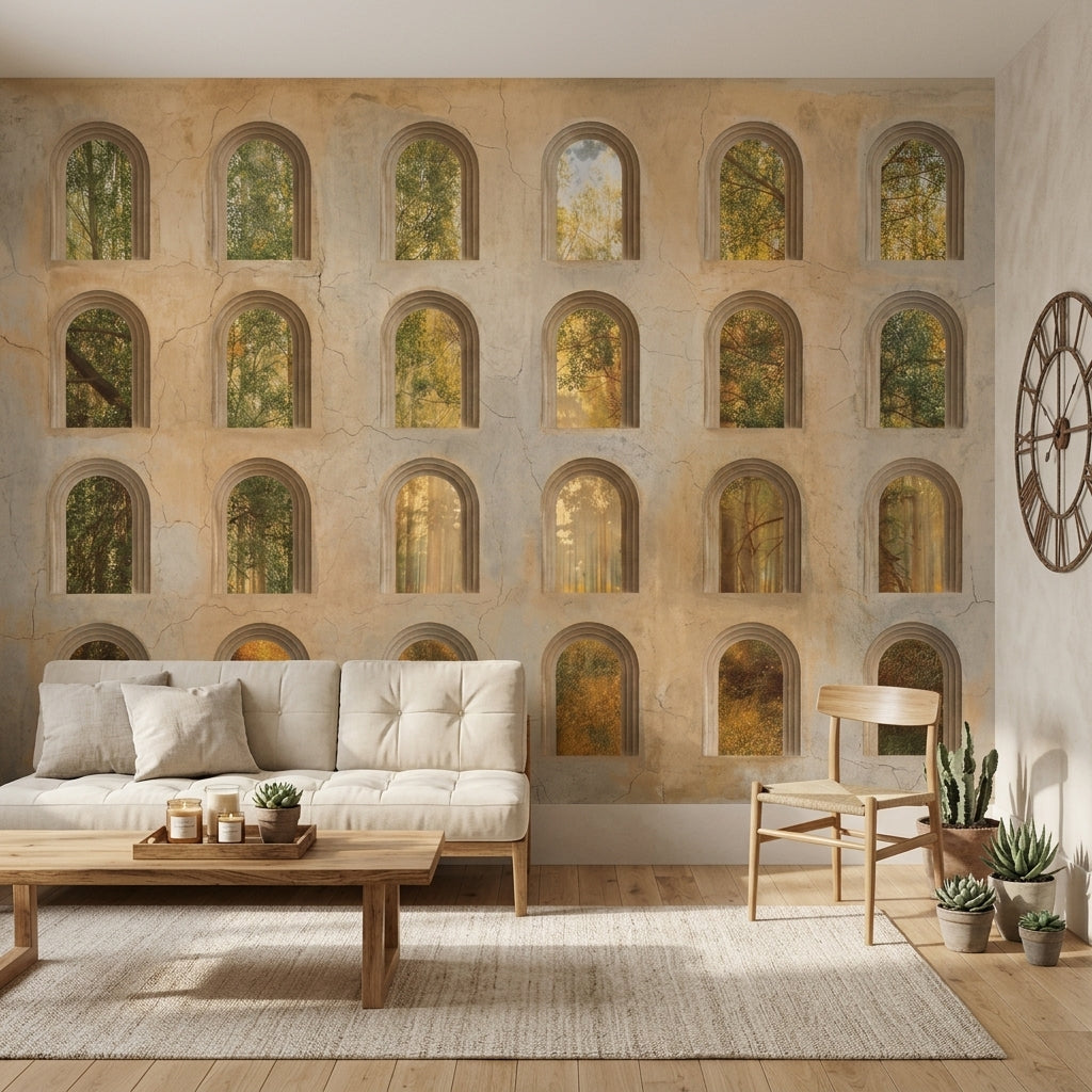 Arched Windows Wallpaper Trompe Loeil Aged Plaster Wall Mural