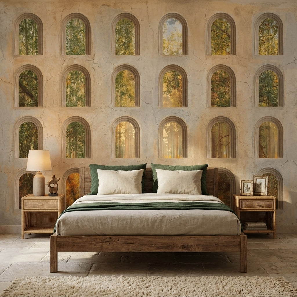 Arched Windows Wallpaper Trompe Loeil Aged Plaster Wall Mural