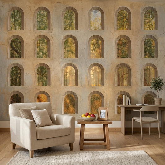 Arched Windows Wallpaper Trompe Loeil Aged Plaster Wall Mural