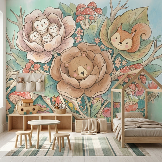 Whimsical Woodland Wallpaper Watercolor Removable Floral Animals Wall Decor