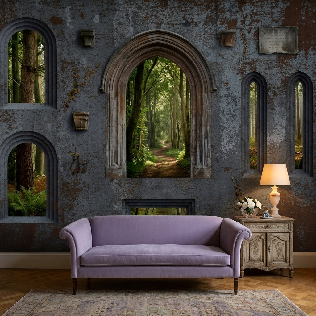 Stone Wall Wallpaper Gothic Arch Forest Removable Wall Decor