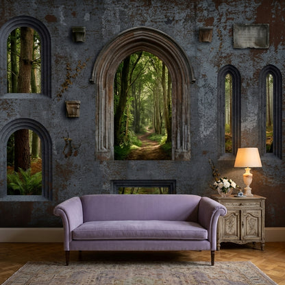 Stone Wall Wallpaper Gothic Arch Forest Removable Wall Decor