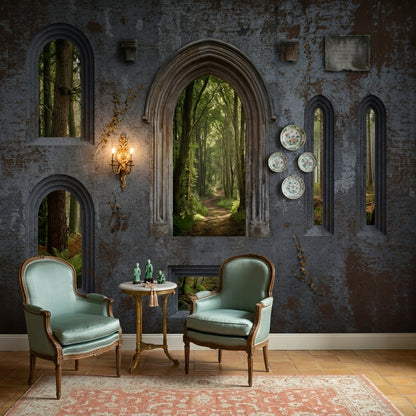Stone Wall Wallpaper Gothic Arch Forest Removable Wall Decor