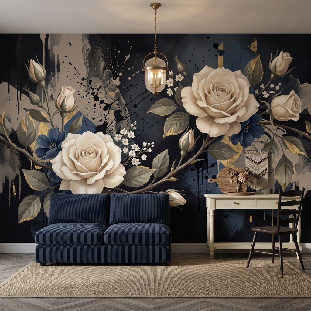 Ivory Roses Wallpaper Abstract Ink Splatter Gold Accents Wall Mural