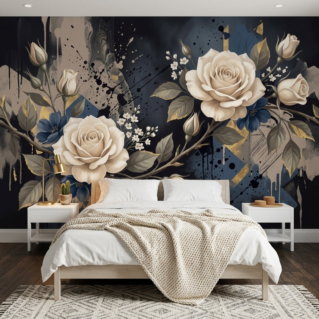 Ivory Roses Wallpaper Abstract Ink Splatter Gold Accents Wall Mural