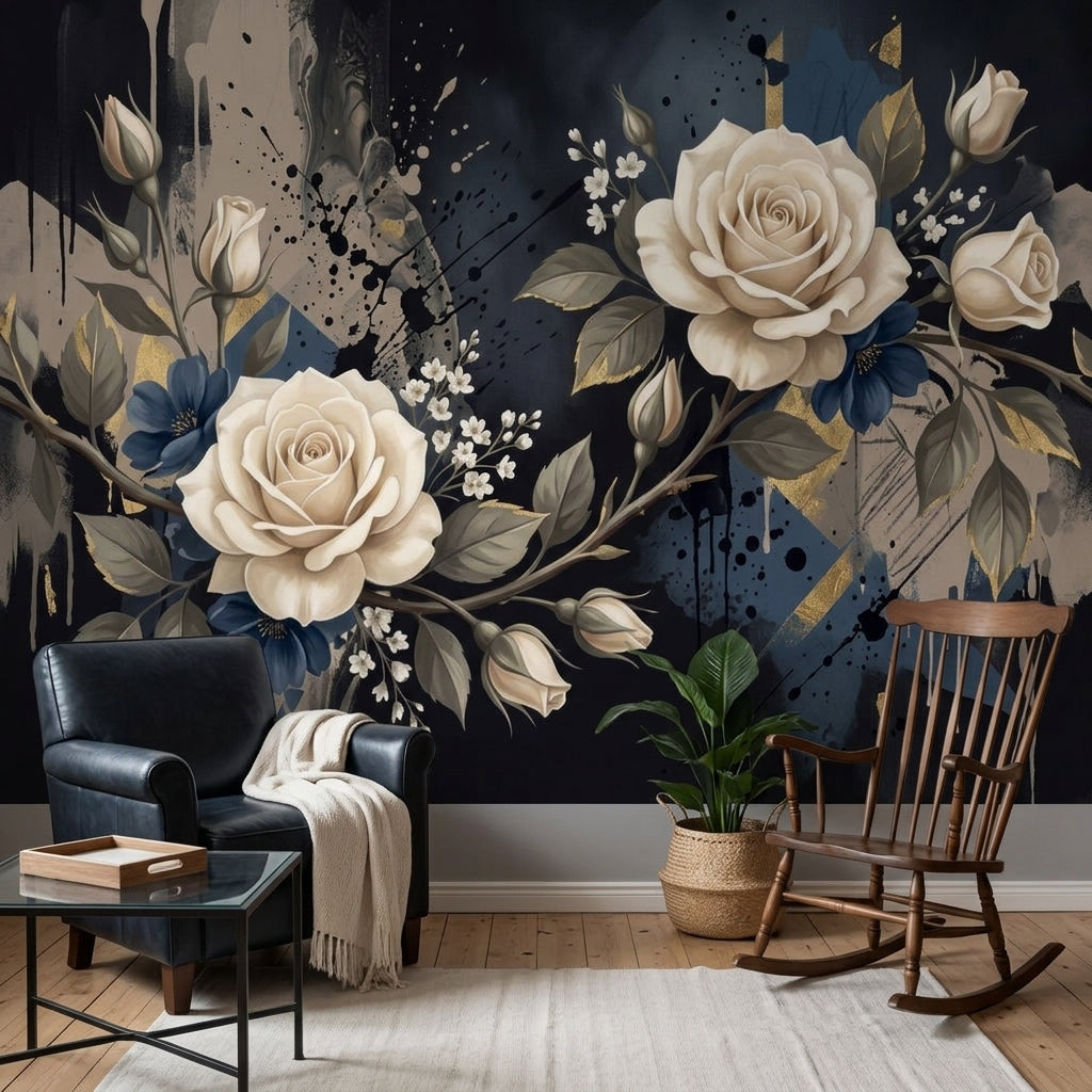 Ivory Roses Wallpaper Abstract Ink Splatter Gold Accents Wall Mural