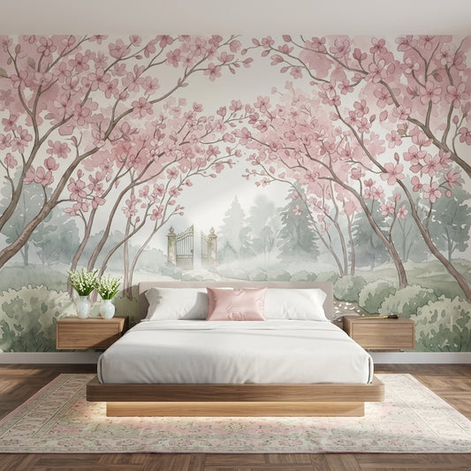 Cherry Blossoms Wallpaper Watercolor Garden Path Removable Wall Decor