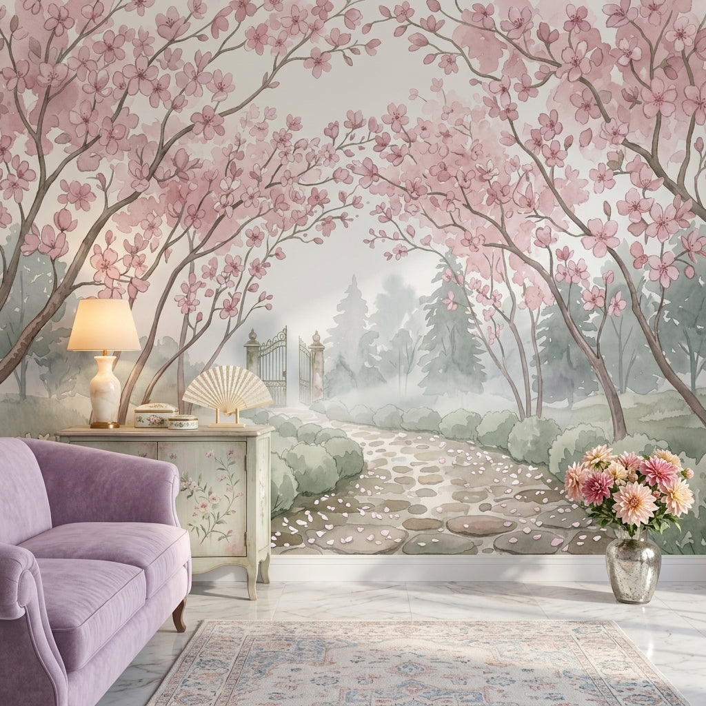 Cherry Blossoms Wallpaper Watercolor Garden Path Removable Wall Decor