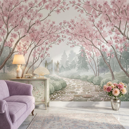 Cherry Blossoms Wallpaper Watercolor Garden Path Removable Wall Decor
