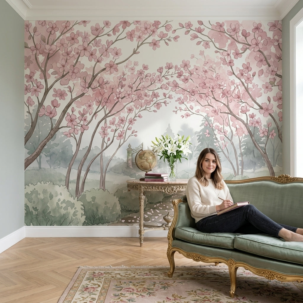 Cherry Blossoms Wallpaper Watercolor Garden Path Removable Wall Decor