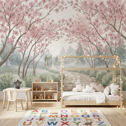 Cherry Blossoms Wallpaper Watercolor Garden Path Removable Wall Decor