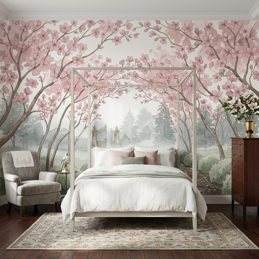 Cherry Blossoms Wallpaper Watercolor Garden Path Removable Wall Decor