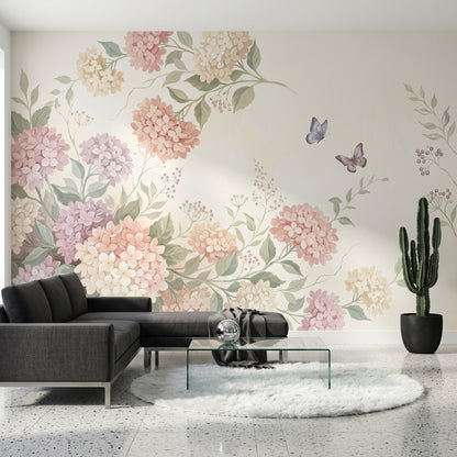 Hydrangea Blossoms Wallpaper Pastel Botanical Vines Wall Mural