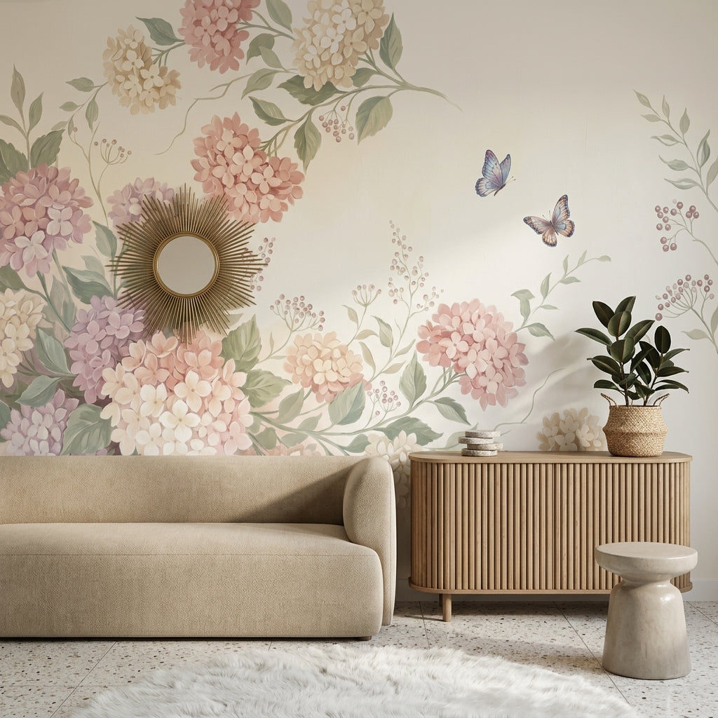 Hydrangea Blossoms Wallpaper Pastel Botanical Vines Wall Mural