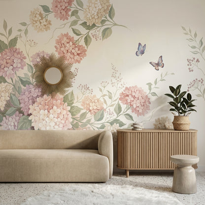 Hydrangea Blossoms Wallpaper Pastel Botanical Vines Wall Mural