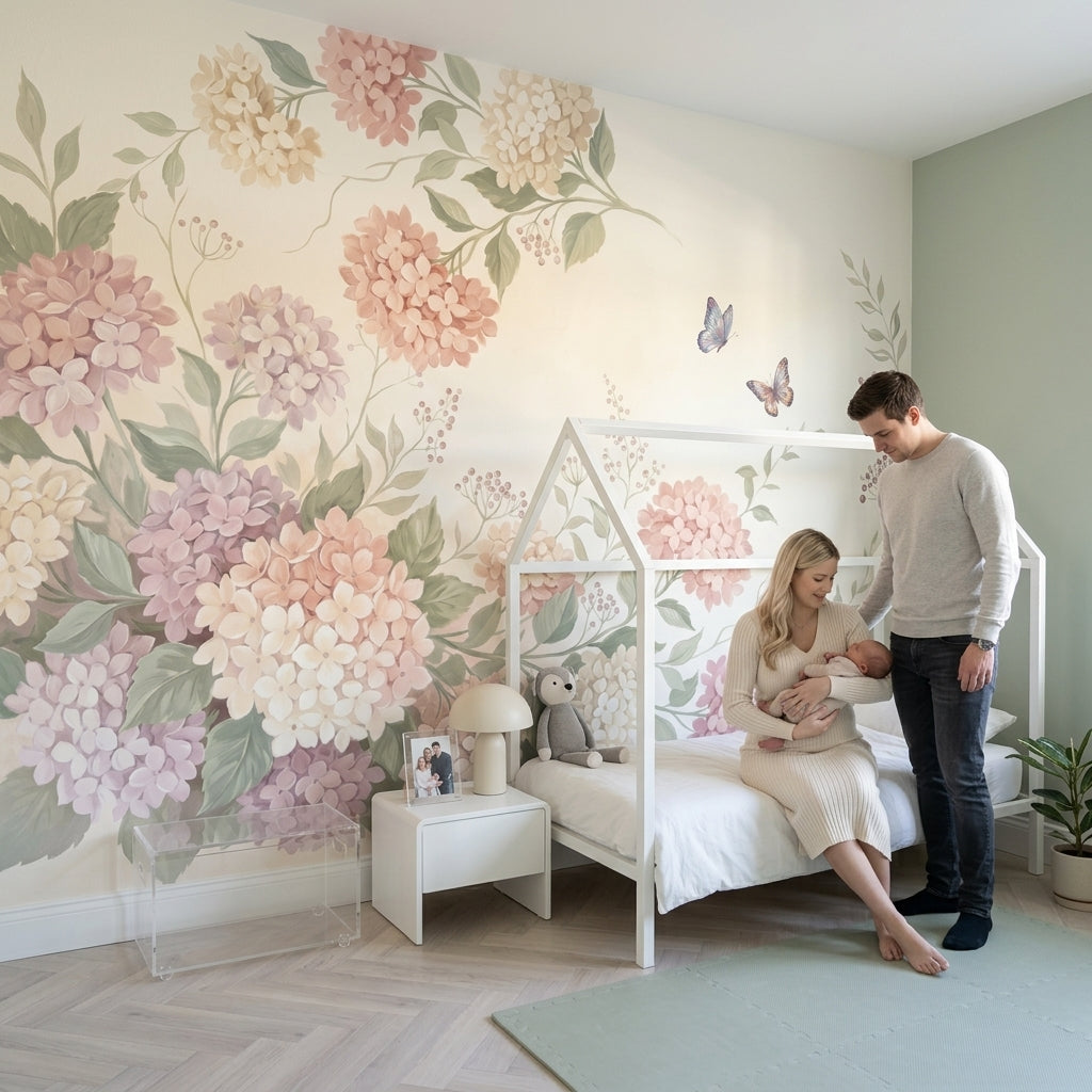 Hydrangea Blossoms Wallpaper Pastel Botanical Vines Wall Mural