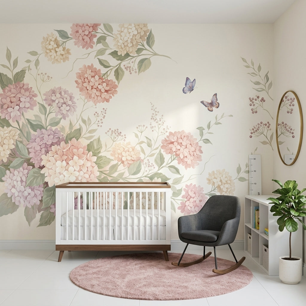 Hydrangea Blossoms Wallpaper Pastel Botanical Vines Wall Mural
