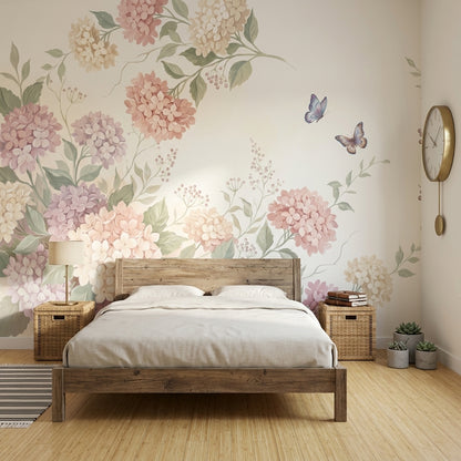 Hydrangea Blossoms Wallpaper Pastel Botanical Vines Wall Mural