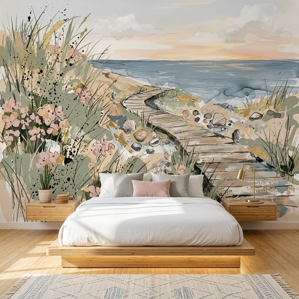 Coastal Landscape Wallpaper Ocean Shoreline Removable Wooden Boardwalk Wall Decor