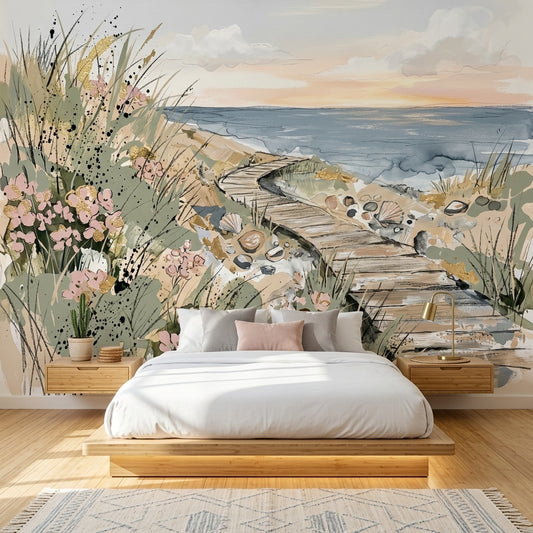 Coastal Landscape Wallpaper Ocean Shoreline Removable Wooden Boardwalk Wall Decor