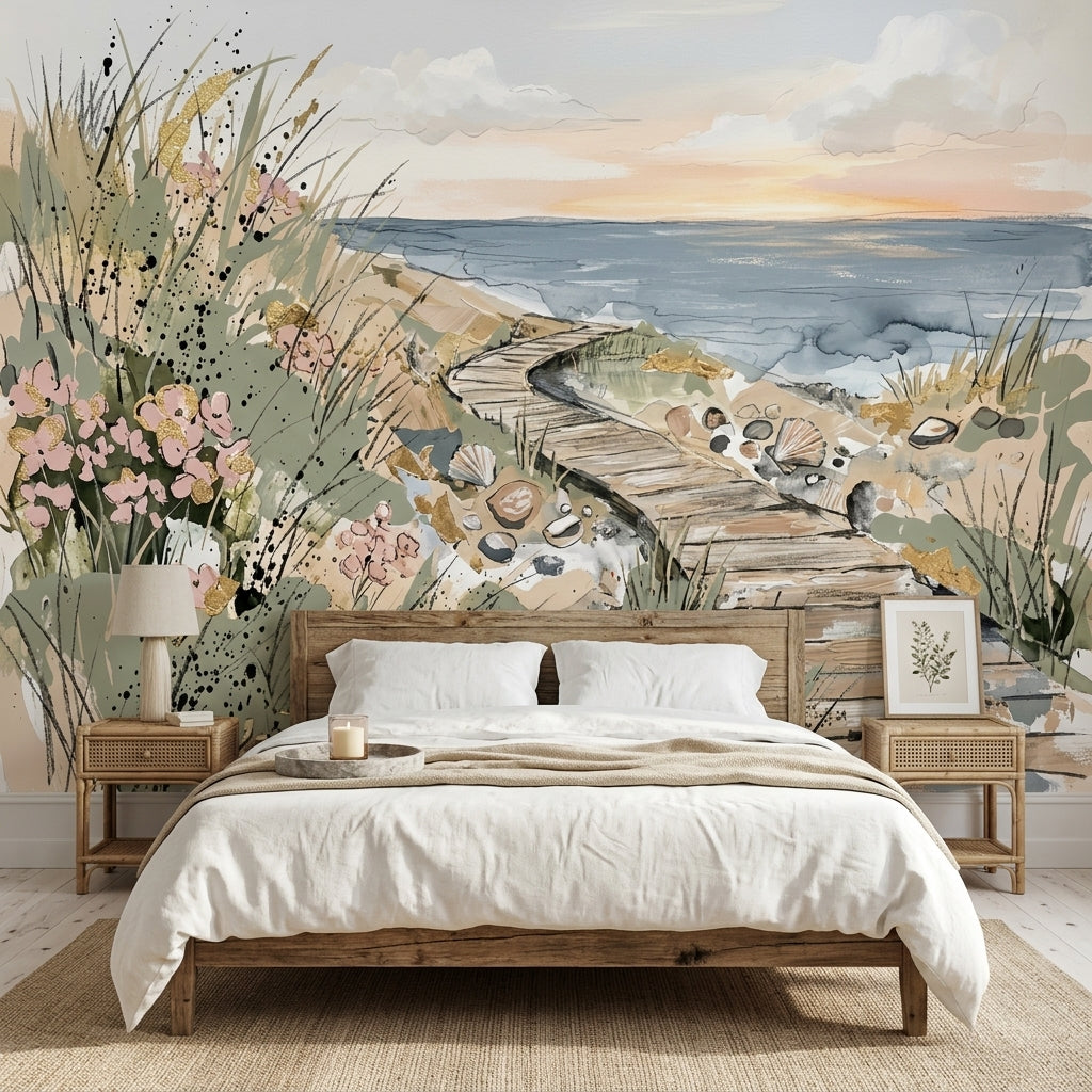Coastal Landscape Wallpaper Ocean Shoreline Removable Wooden Boardwalk Wall Decor