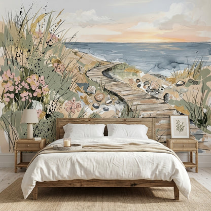 Coastal Landscape Wallpaper Ocean Shoreline Removable Wooden Boardwalk Wall Decor