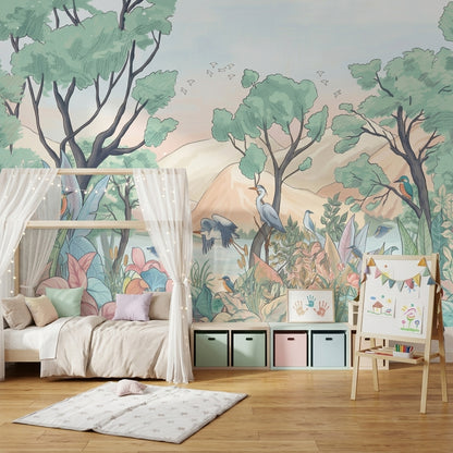 Pastel Landscape Wallpaper Lakeside Forest Birds Removable Wall Decor