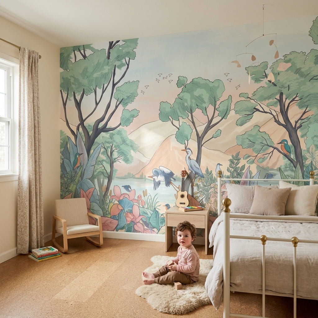 Pastel Landscape Wallpaper Lakeside Forest Birds Removable Wall Decor