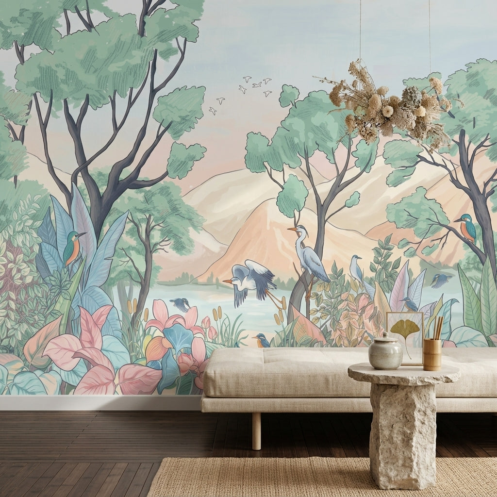 Pastel Landscape Wallpaper Lakeside Forest Birds Removable Wall Decor